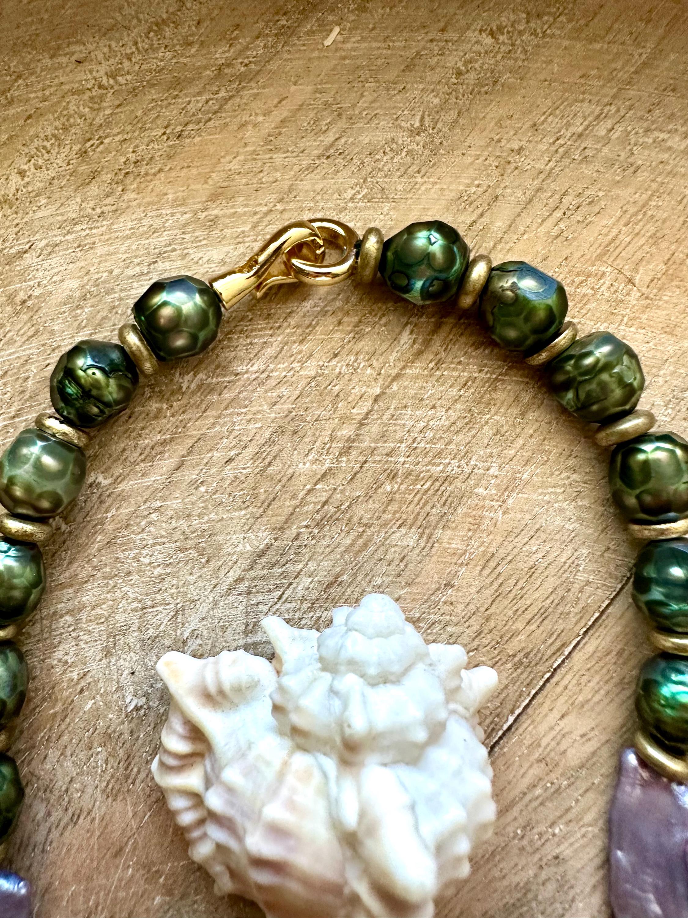 Mystic Green Pearl, African Brass Abalone Shell Pendant Necklace