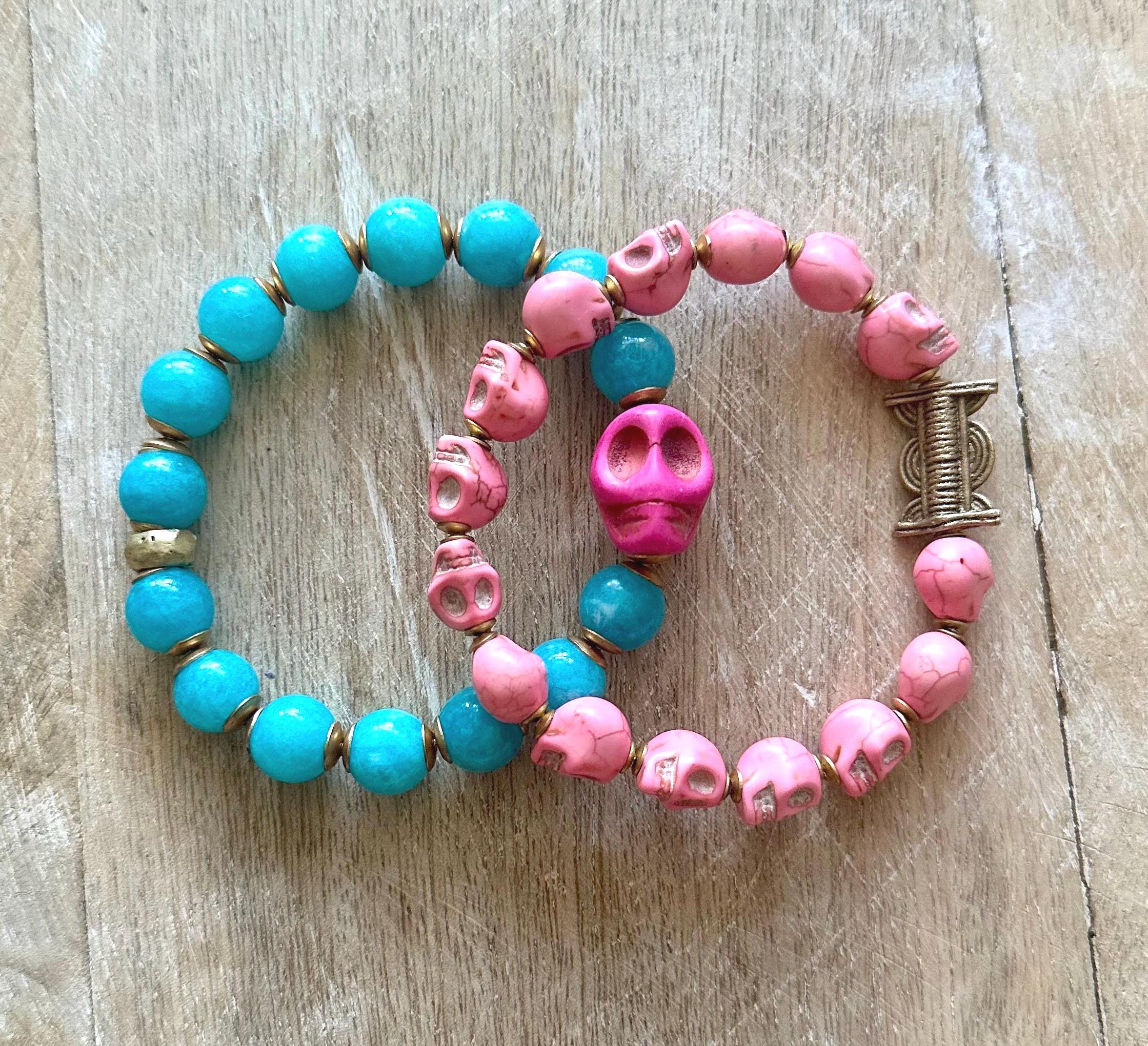 Halloween Pink Sugar Skulls Beaded Bracelet