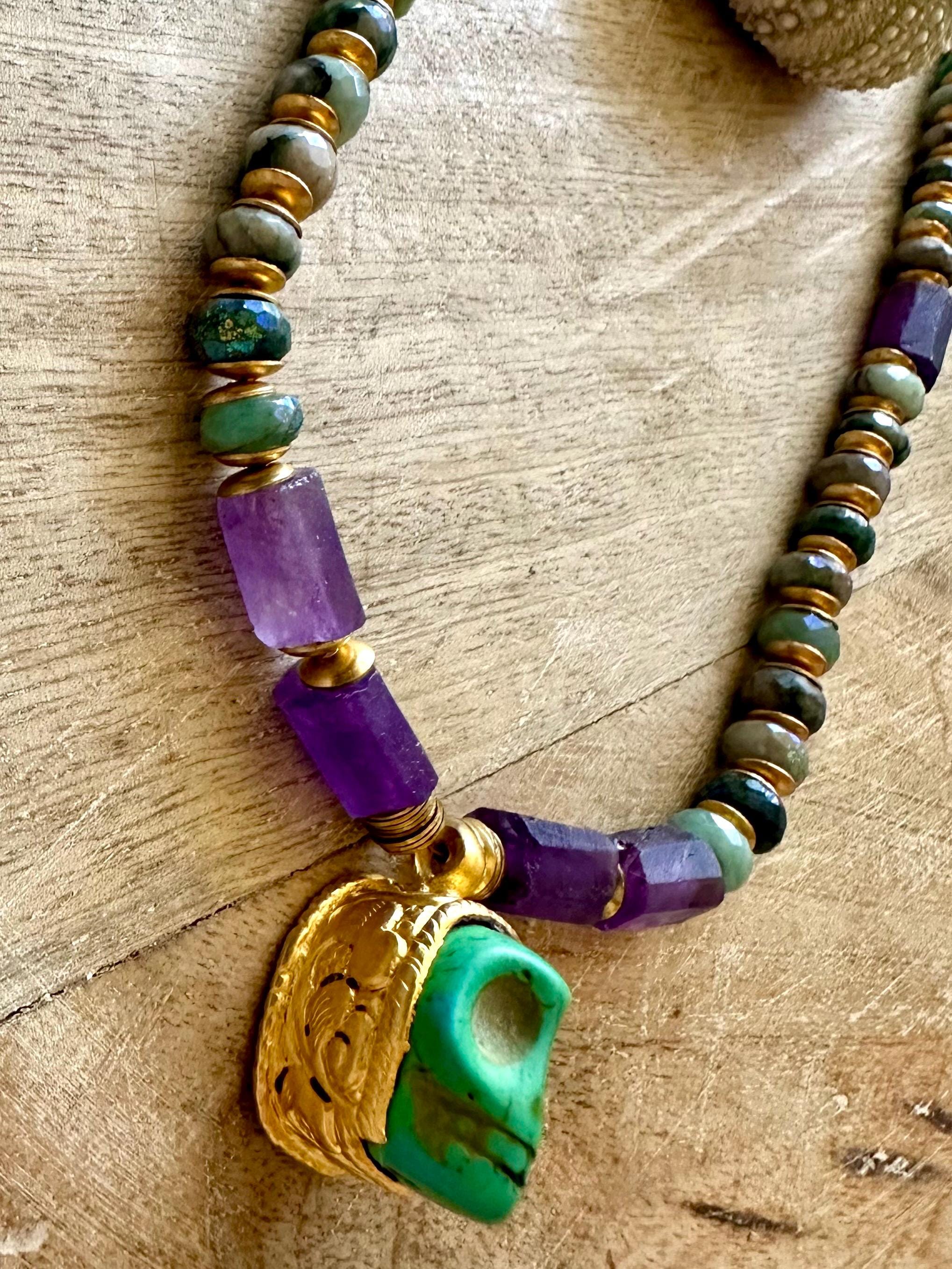 Gold Plated Skull Necklace With Amethyst And Mystic Indian Agate
