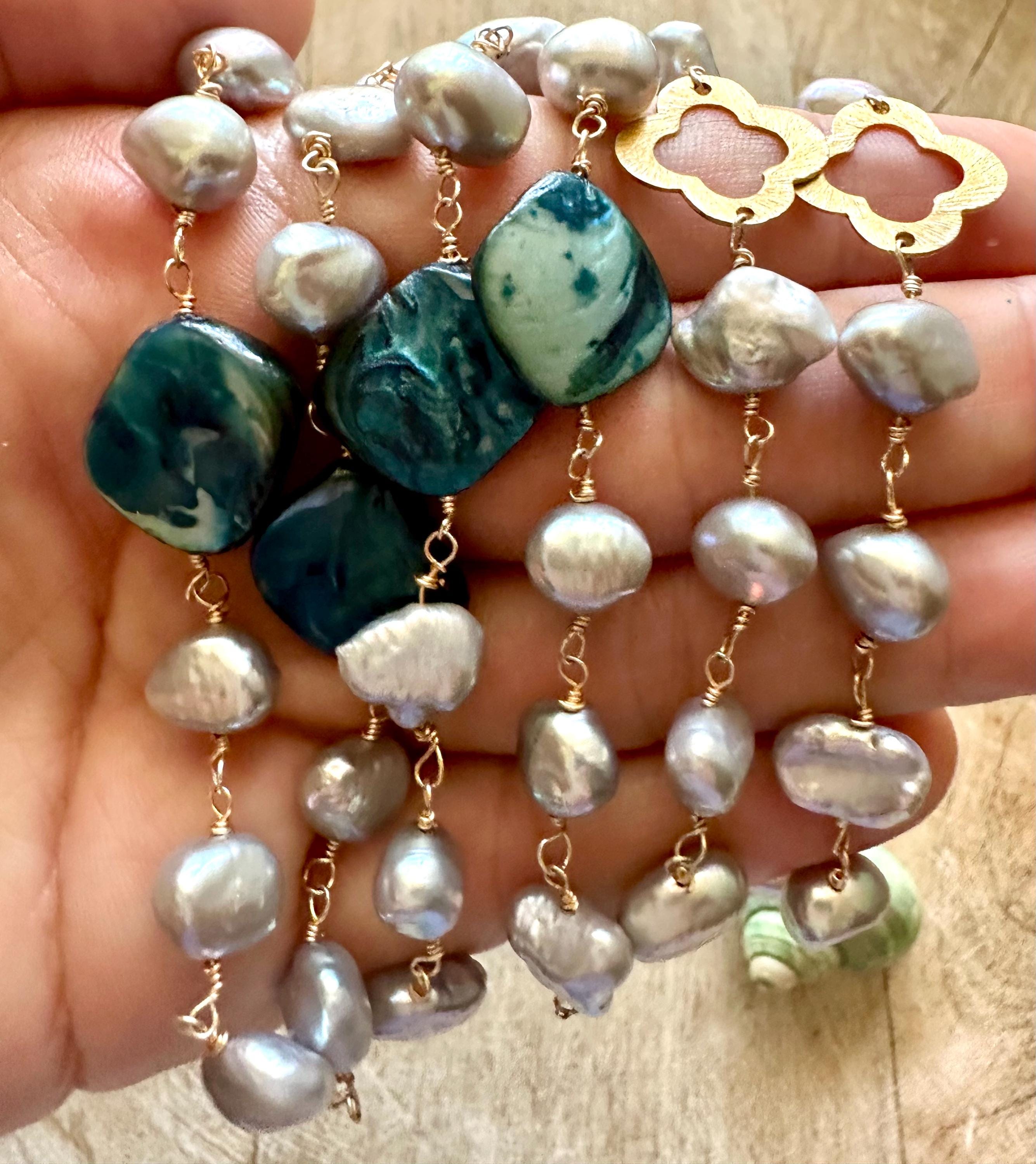 Long Pearl Necklace with blue shell beads and 18k accents