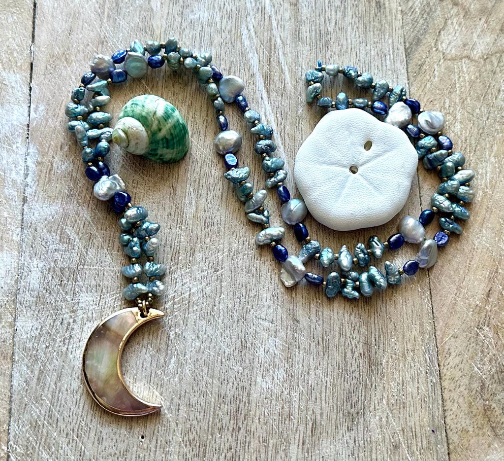Abalone Moon Pendant Pearl Necklace