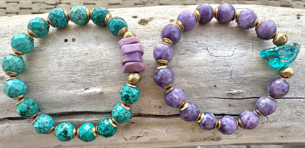 Bird Charm Iolite & Turquoise Bracelet Stack