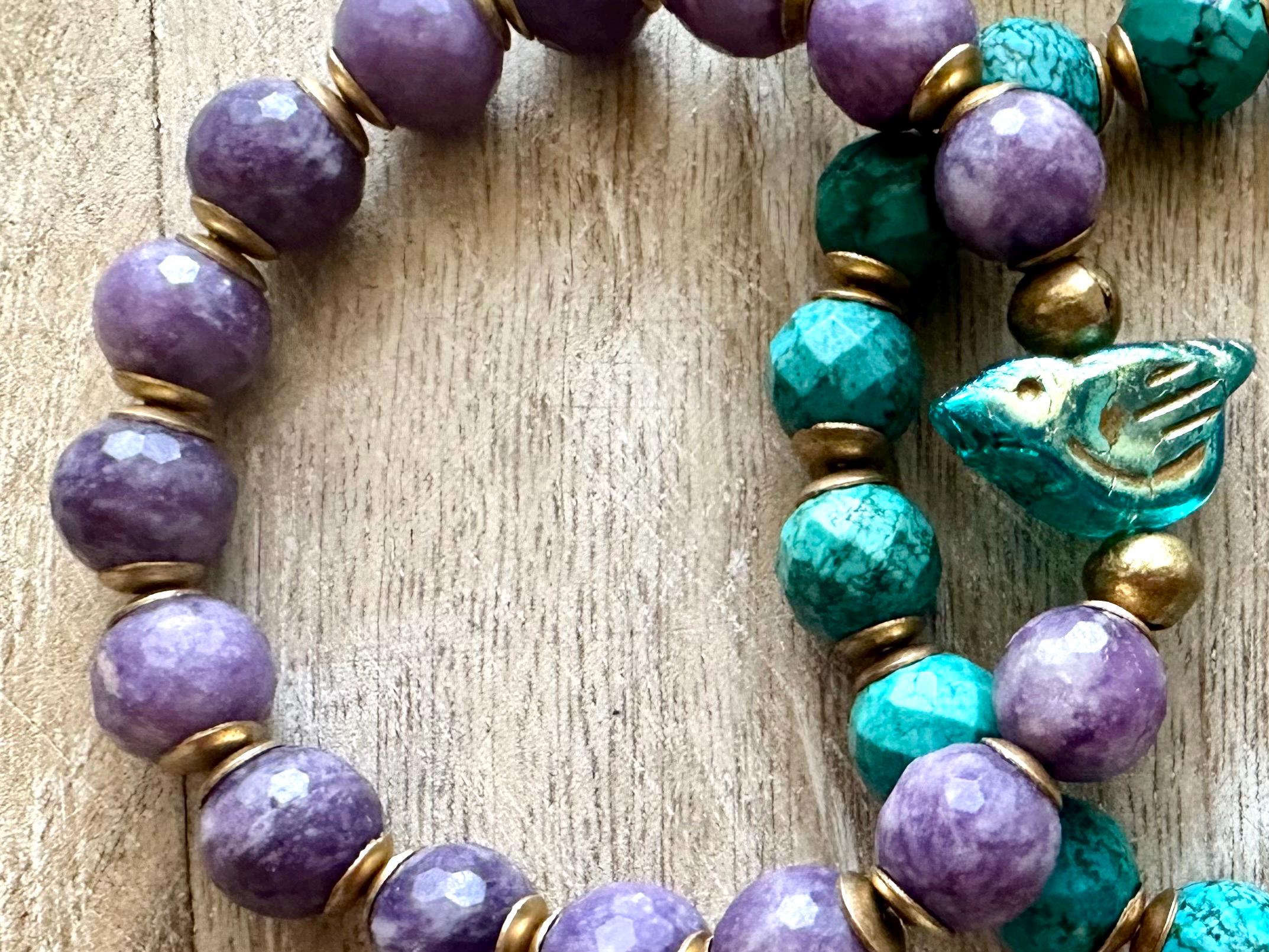 Bird Charm Iolite & Turquoise Bracelet Stack
