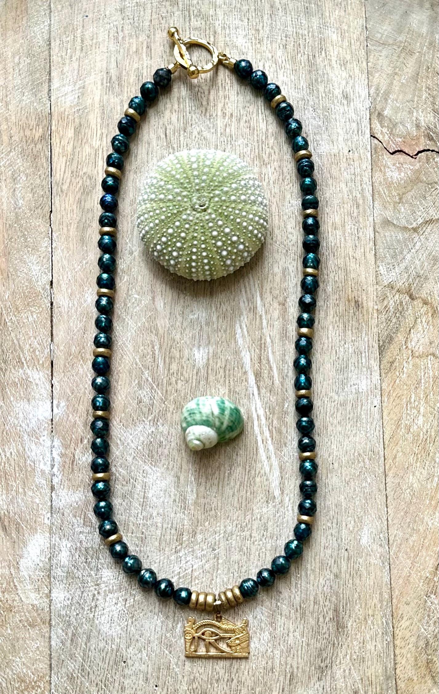 Mystic Blue-Green Pearl Egyptian Eye Of Horus Necklace