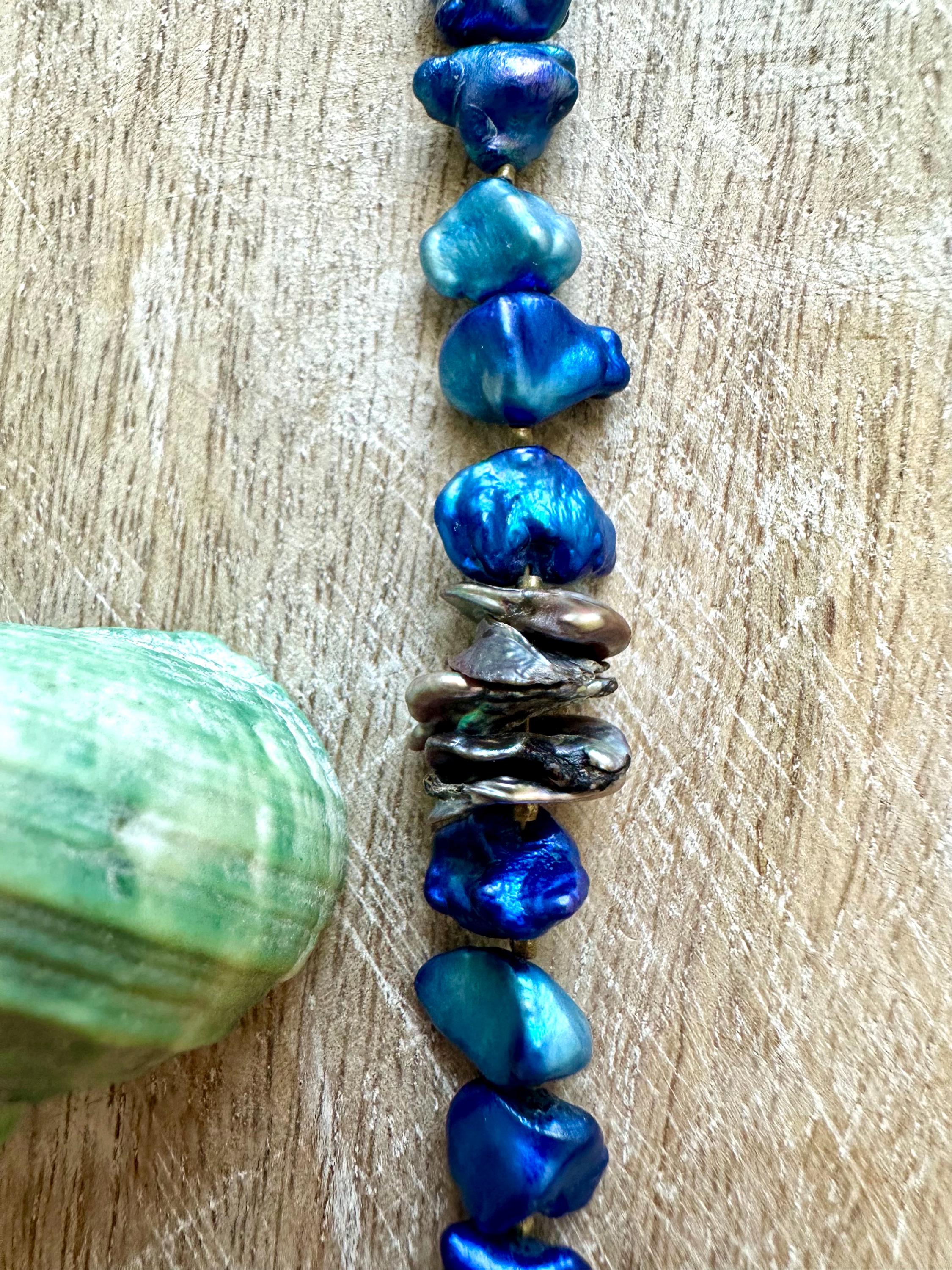 Blue & Grey Pearl Moon Pendant Necklace