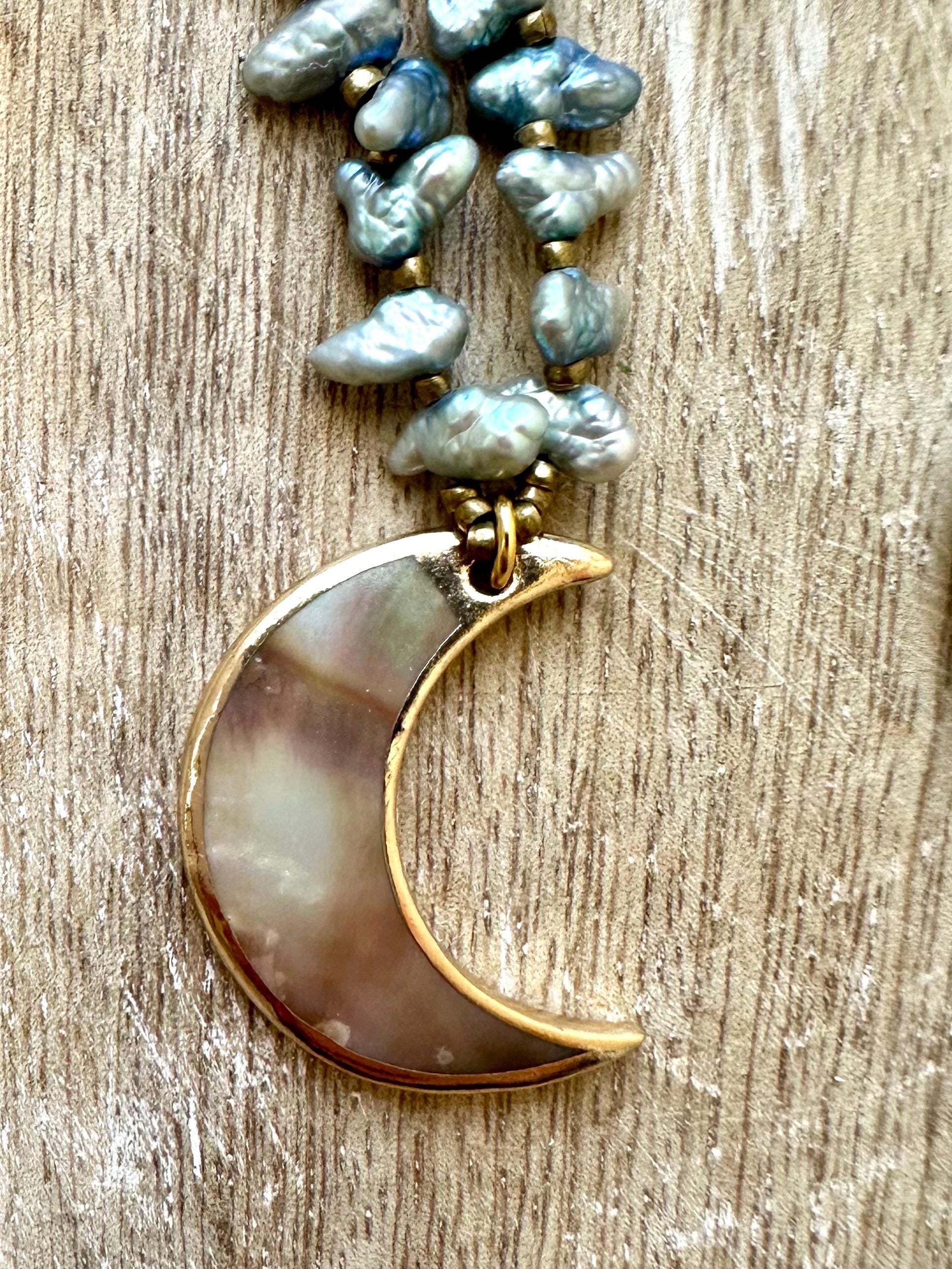Abalone Moon Pendant Pearl Necklace