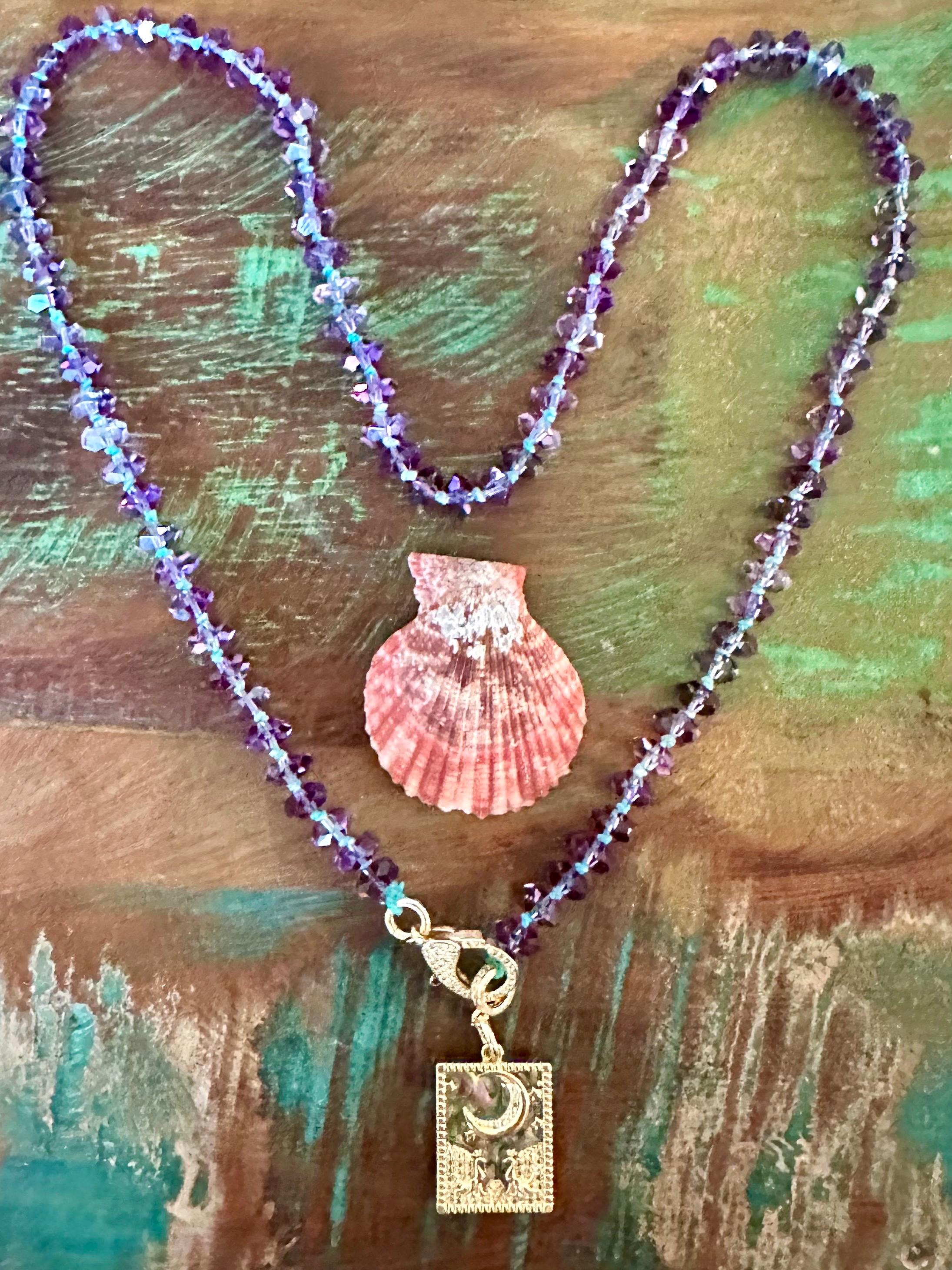Handmade Sparkling Amethyst Moon & Stars Pendant Necklace