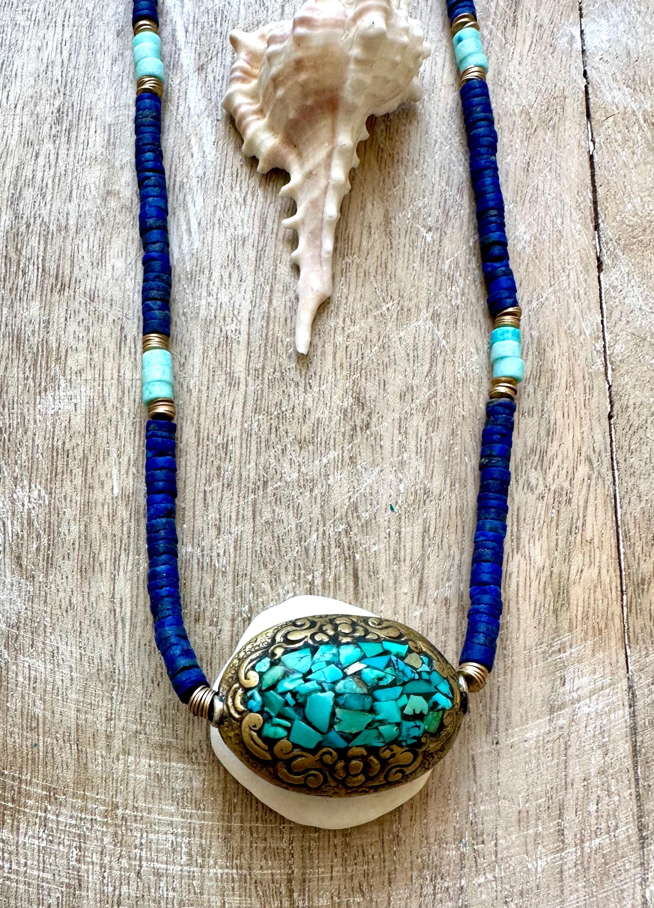 Tibetan Turquoise Pendant Lapis and Bone Necklace
