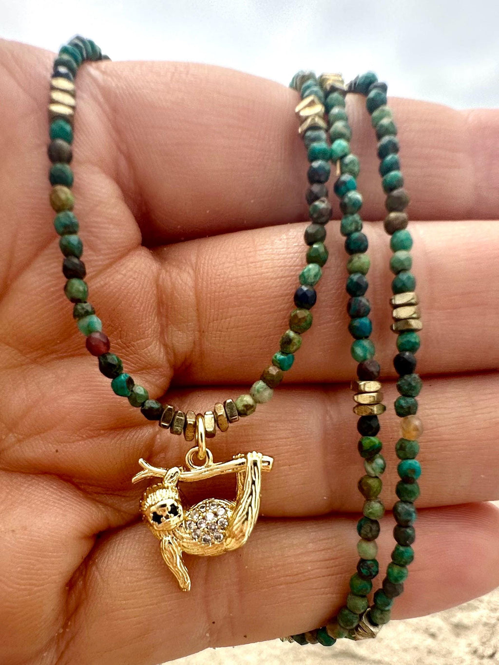 Chrysocolla Gemstone Sloth Pendant Necklace