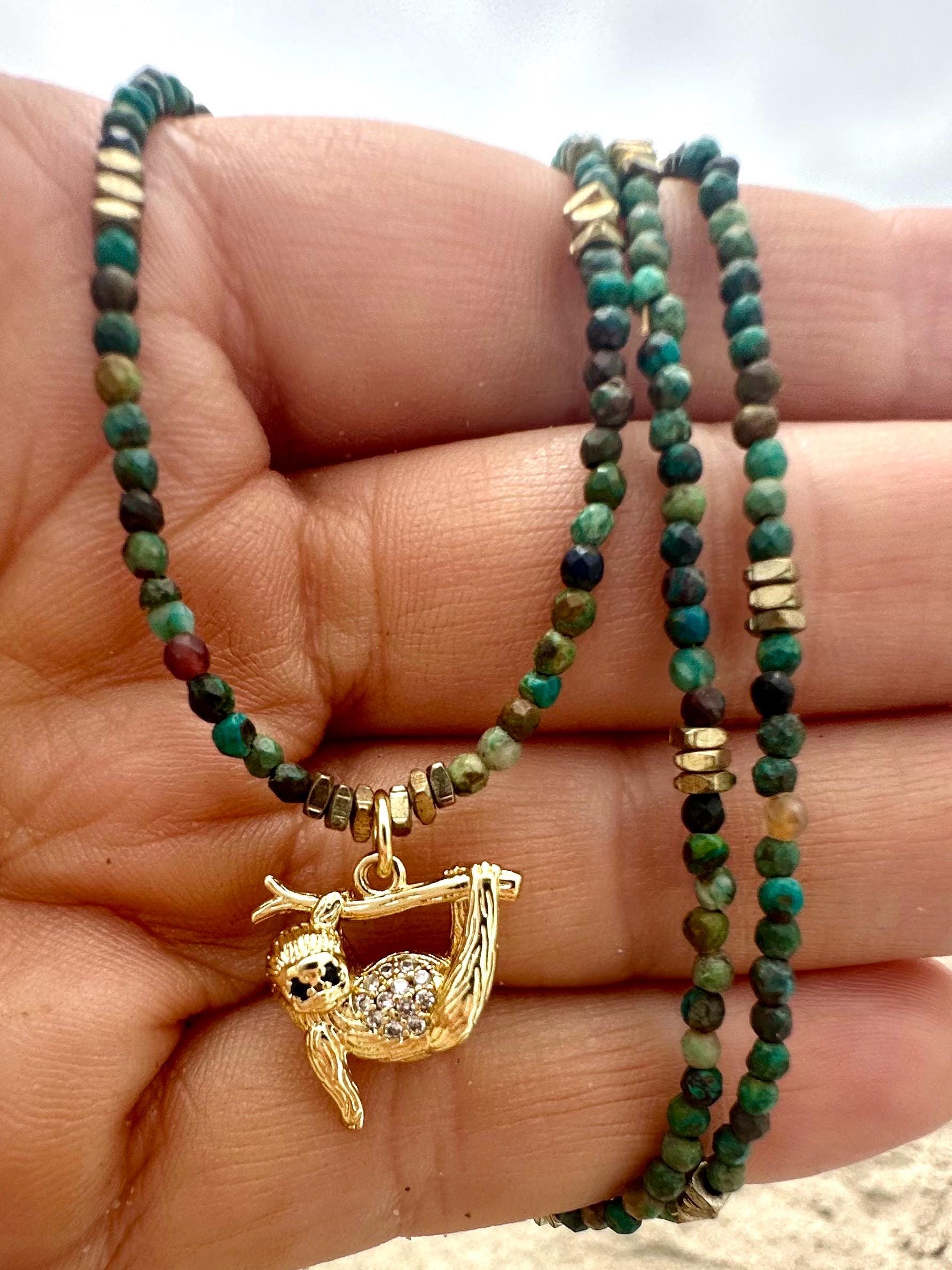 Chrysocolla Gemstone Sloth Pendant Necklace