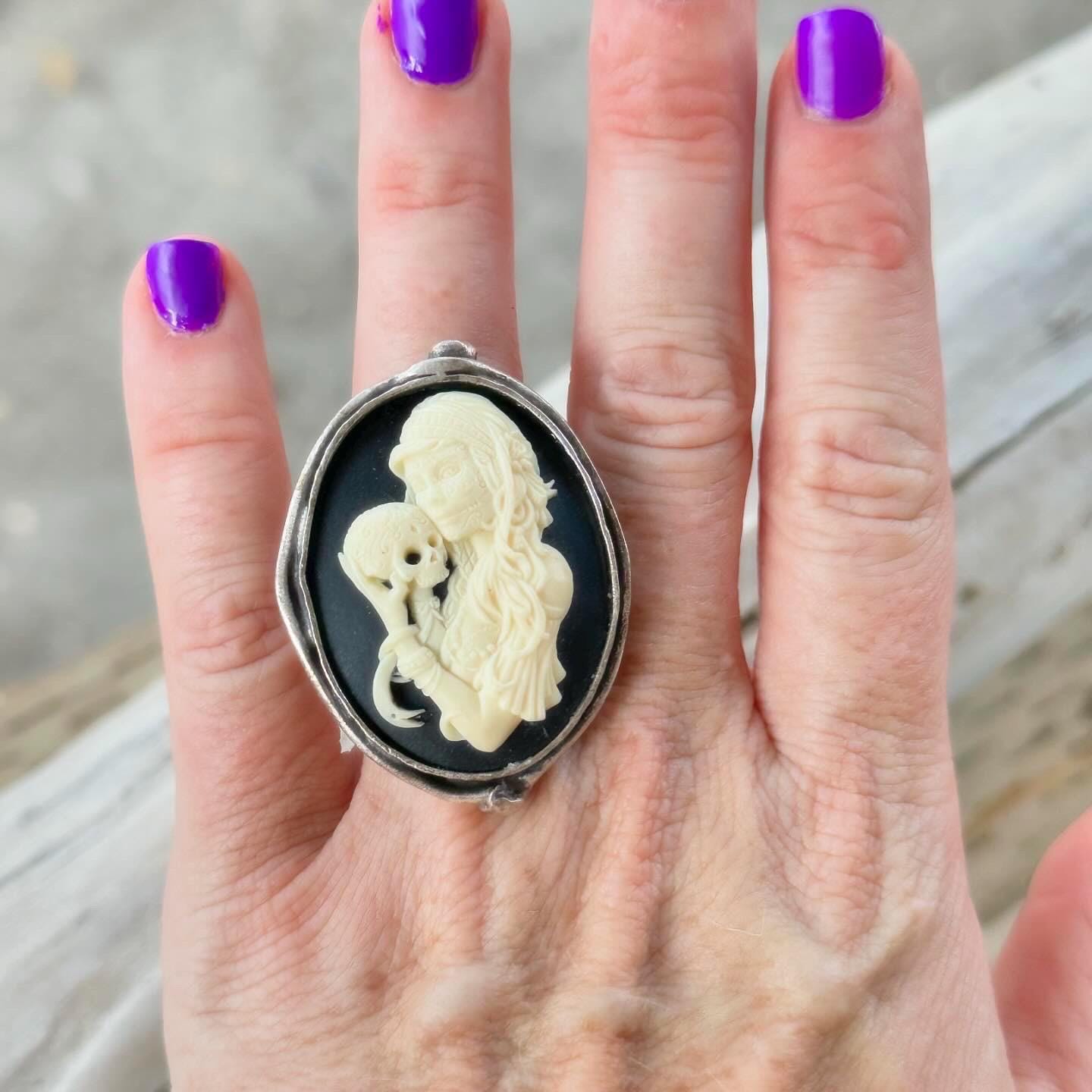 Skeleton Cameo Halloween Statement Silver Ring