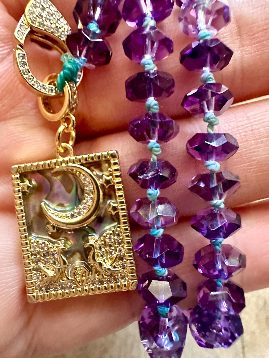 Handmade Sparkling Amethyst Moon & Stars Pendant Necklace