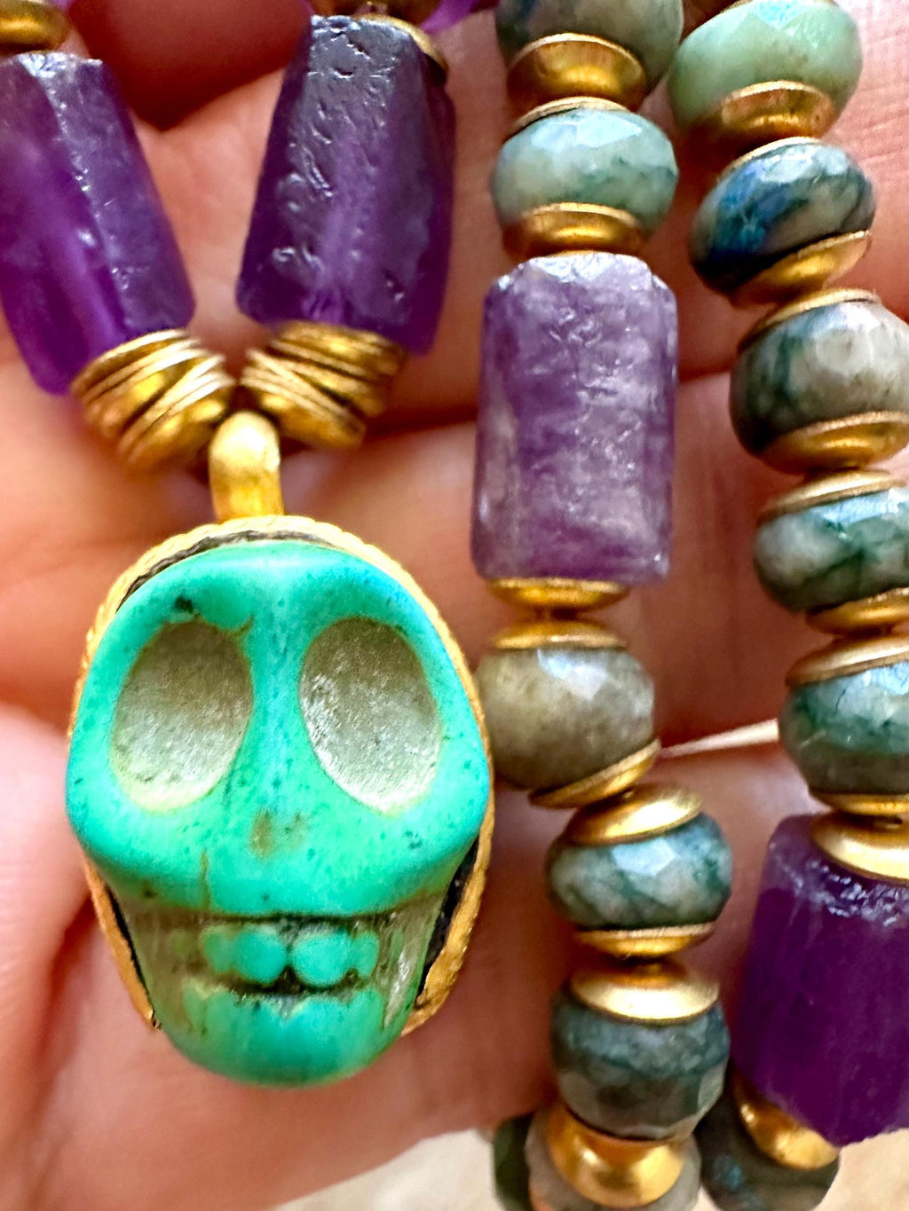 Gold Plated Skull Necklace With Amethyst And Mystic Indian Agate