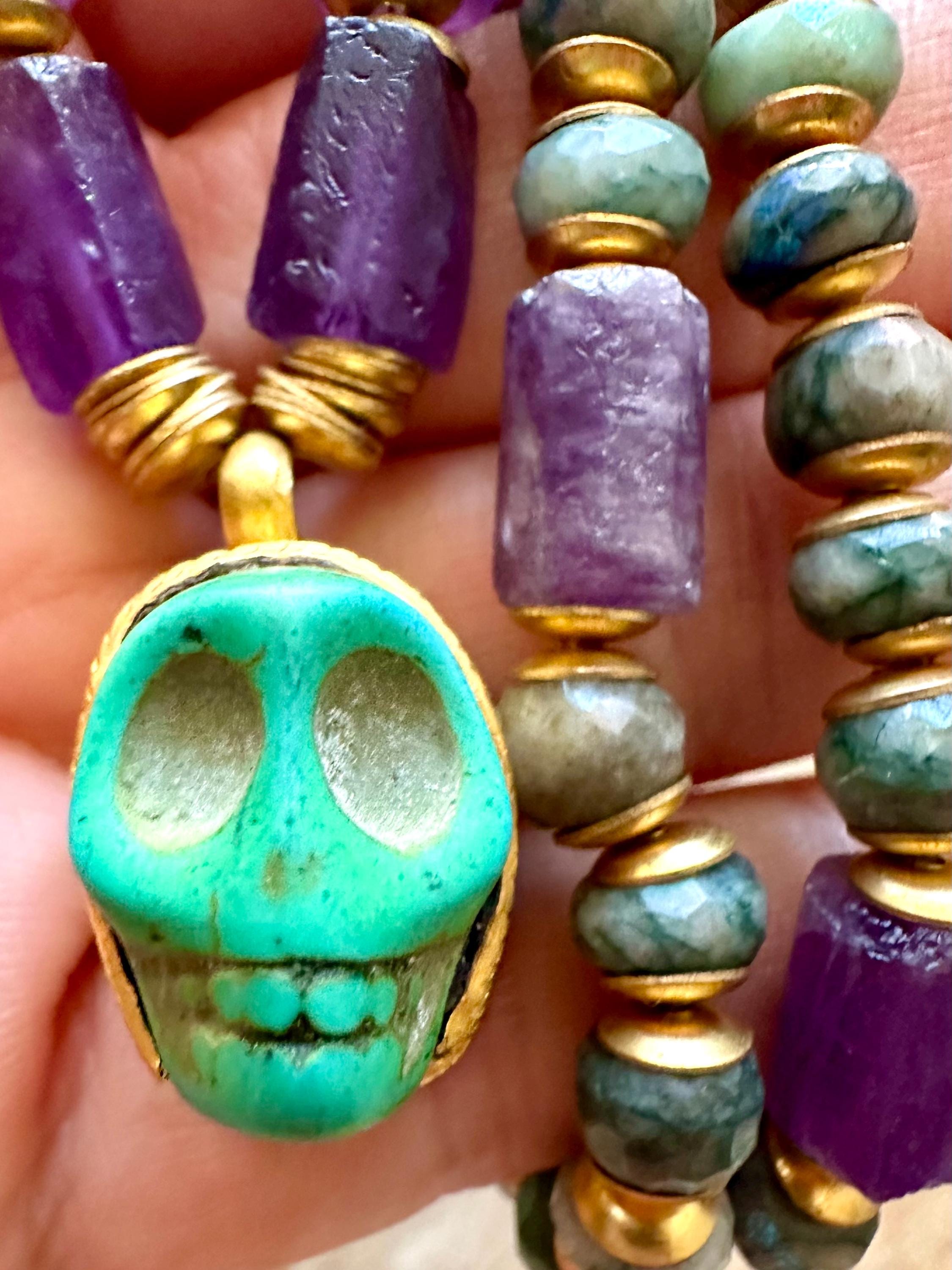 Gold Plated Skull Necklace With Amethyst And Mystic Indian Agate