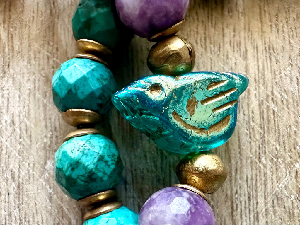 Bird Charm Iolite & Turquoise Bracelet Stack