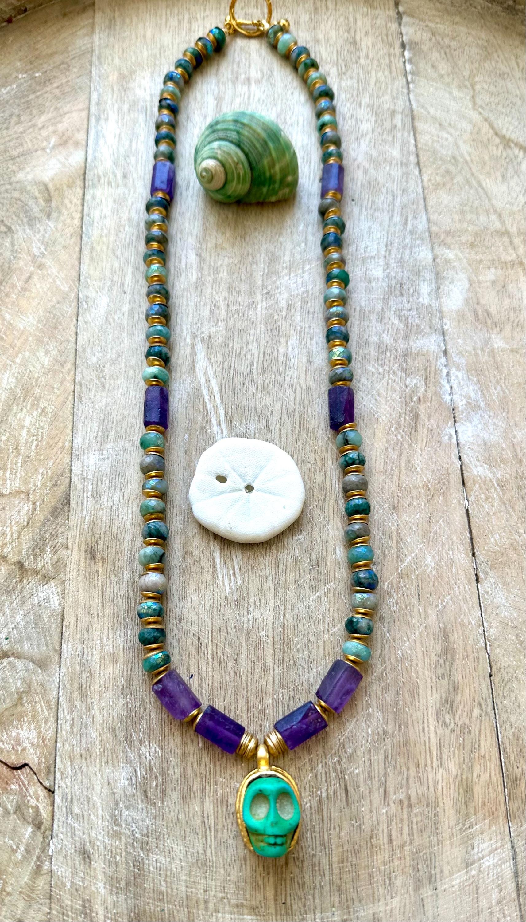 Gold Plated Skull Necklace With Amethyst And Mystic Indian Agate
