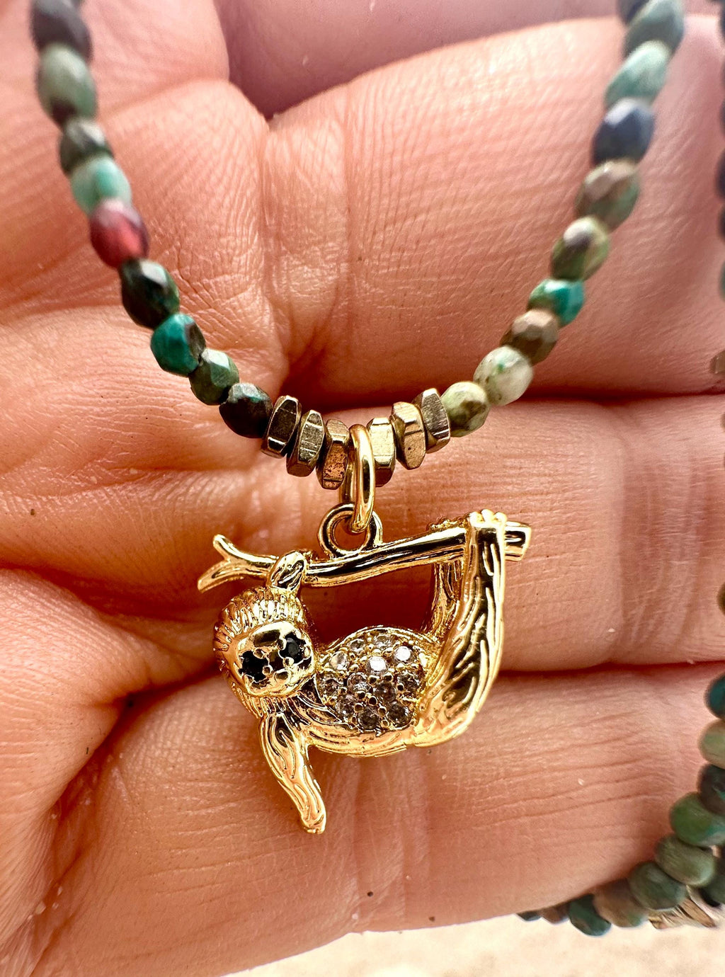 Chrysocolla Gemstone Sloth Pendant Necklace