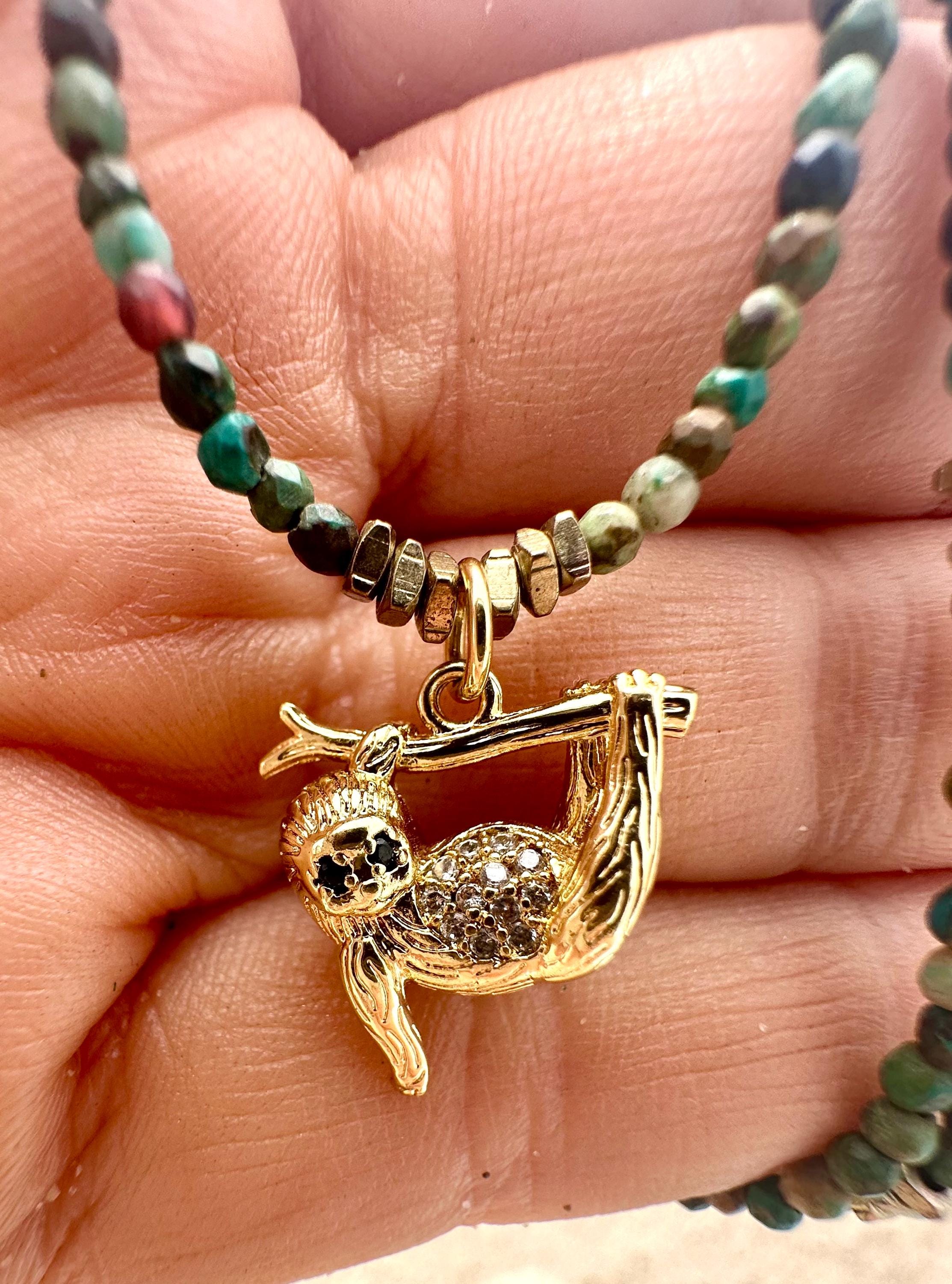 Chrysocolla Gemstone Sloth Pendant Necklace