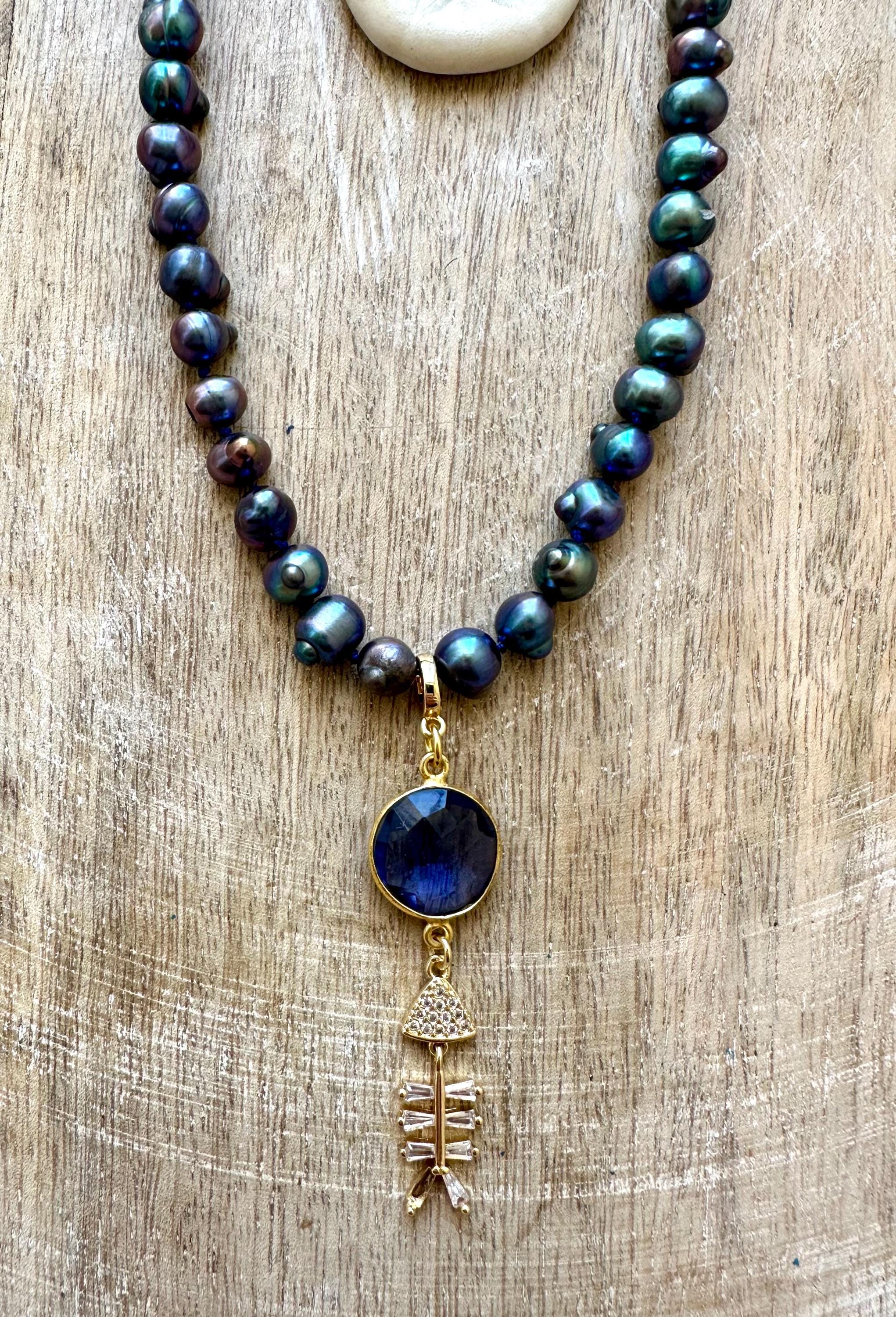 Pearl Fish Pendant Necklace With Iolite